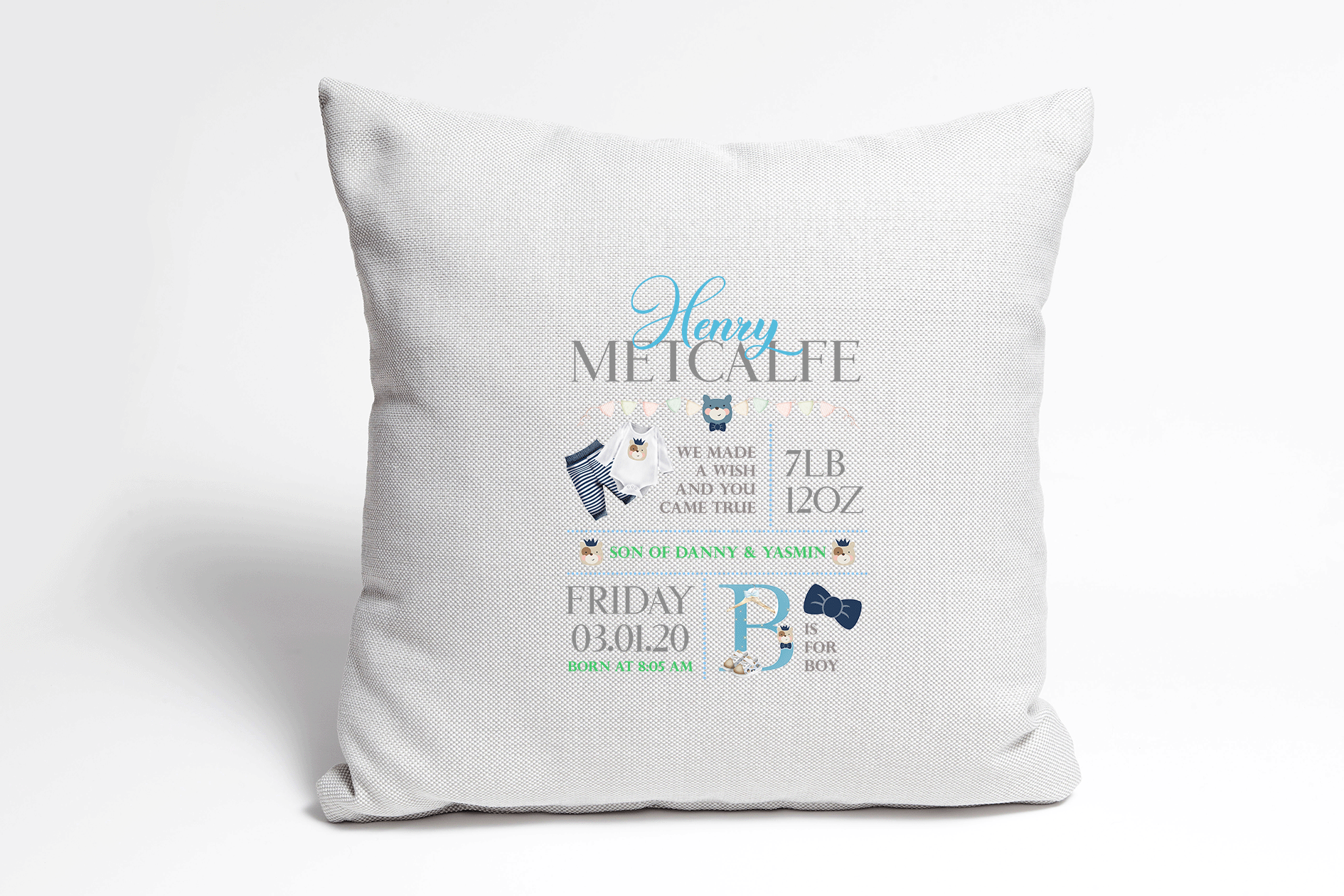 Personalised Boy Birth Details Cushion