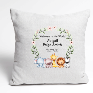 Personalised Jungle Welcome to the World Cushion with Birth Stats