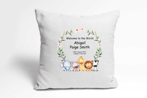 Personalised Jungle Welcome to the World Cushion with Birth Stats
