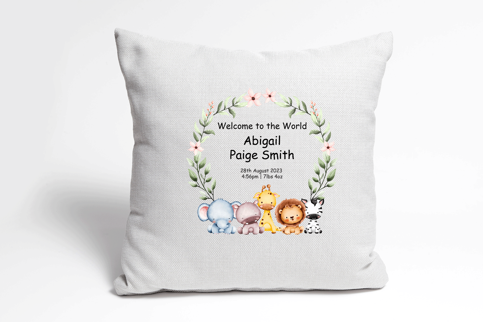 Personalised Jungle Welcome to the World Cushion with Birth Stats