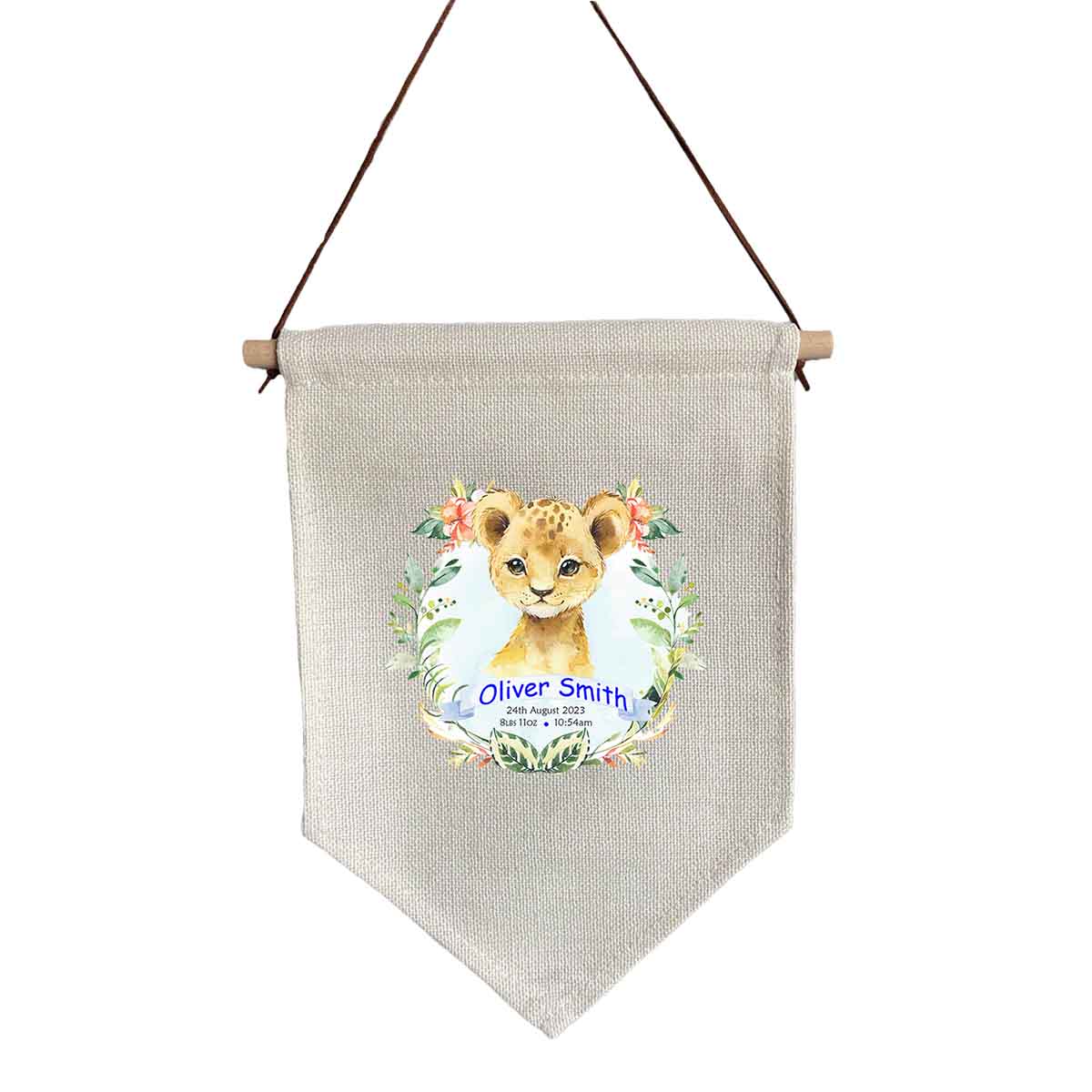 Boy Lion Linen Flag with Birth Details