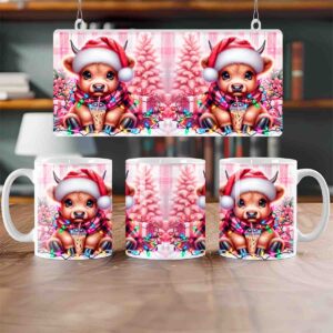Pink Christmas Highland Cow Mug