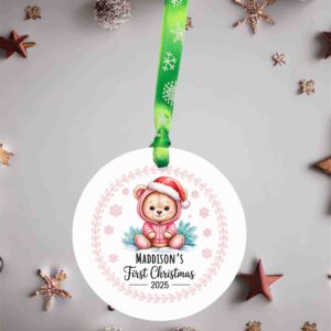 Personalised Pink Bear First Christmas Acrylic Ornament